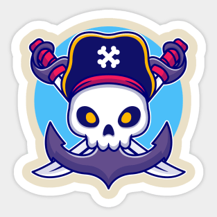 Pirate Skull With Anchor Cartoon Sticker